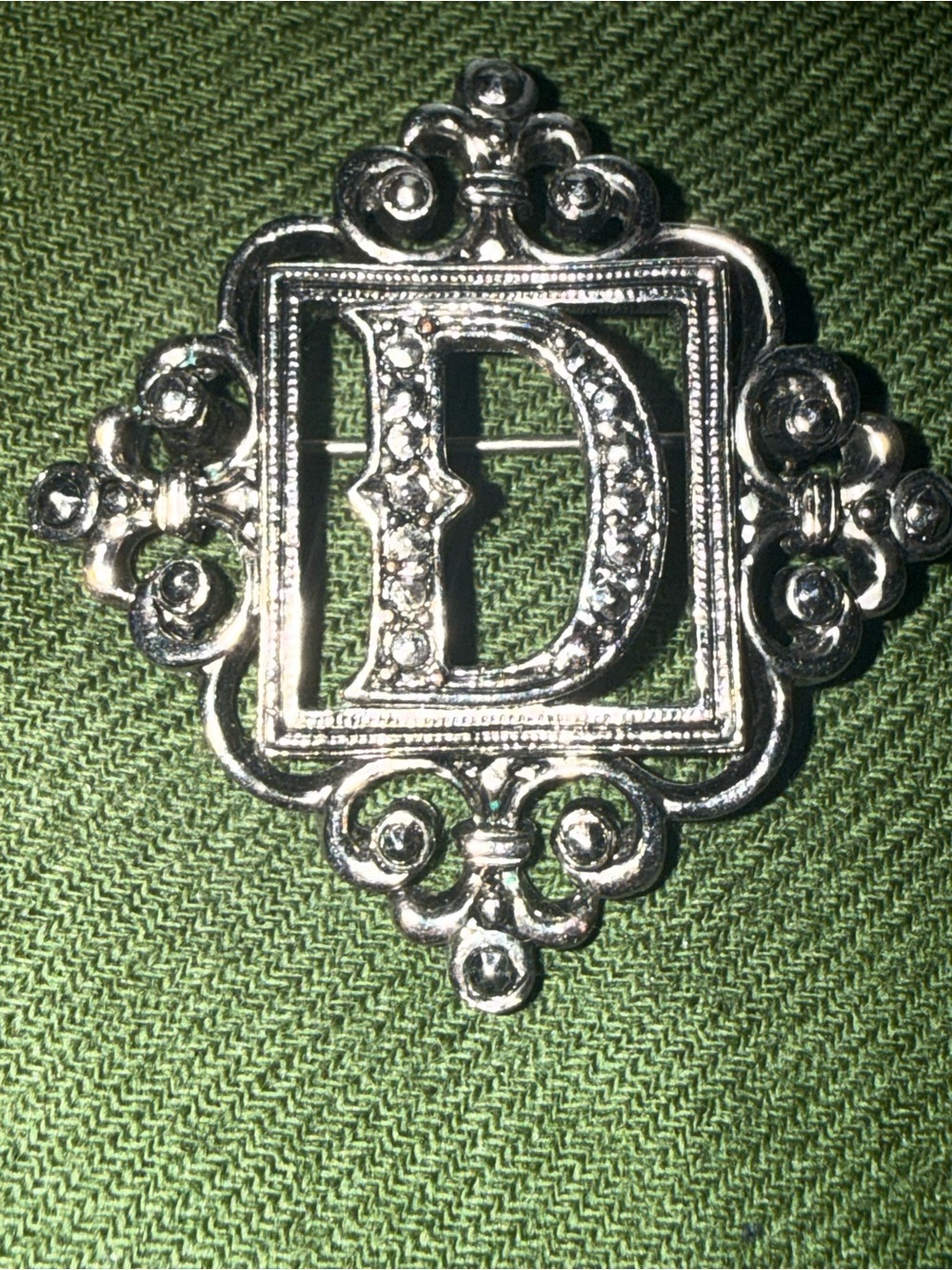Ornate Letter D Brooch Pin - Silver Tone